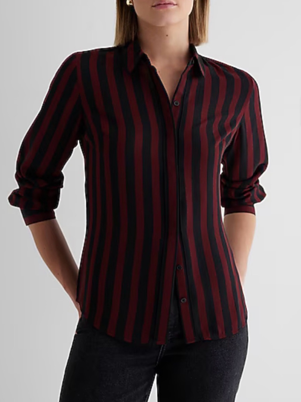 Express Black and Burgundy Vertical Stripe Portifino blouse